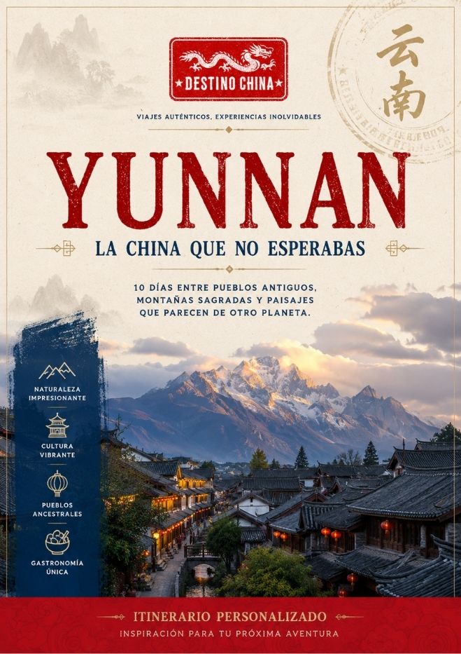 Ejemplo de intinerario a Yunnan con portada del sitio en un atardecer y con logo de destino china.